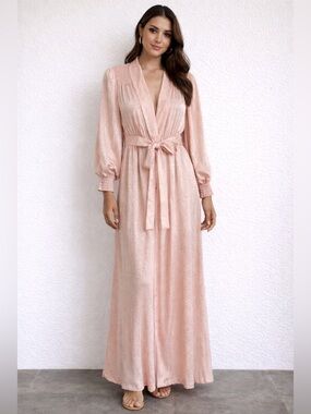 Vintage Gilligan O'Malley Pink Floral Jacquard Wrap Robe Smocked Sleeve
